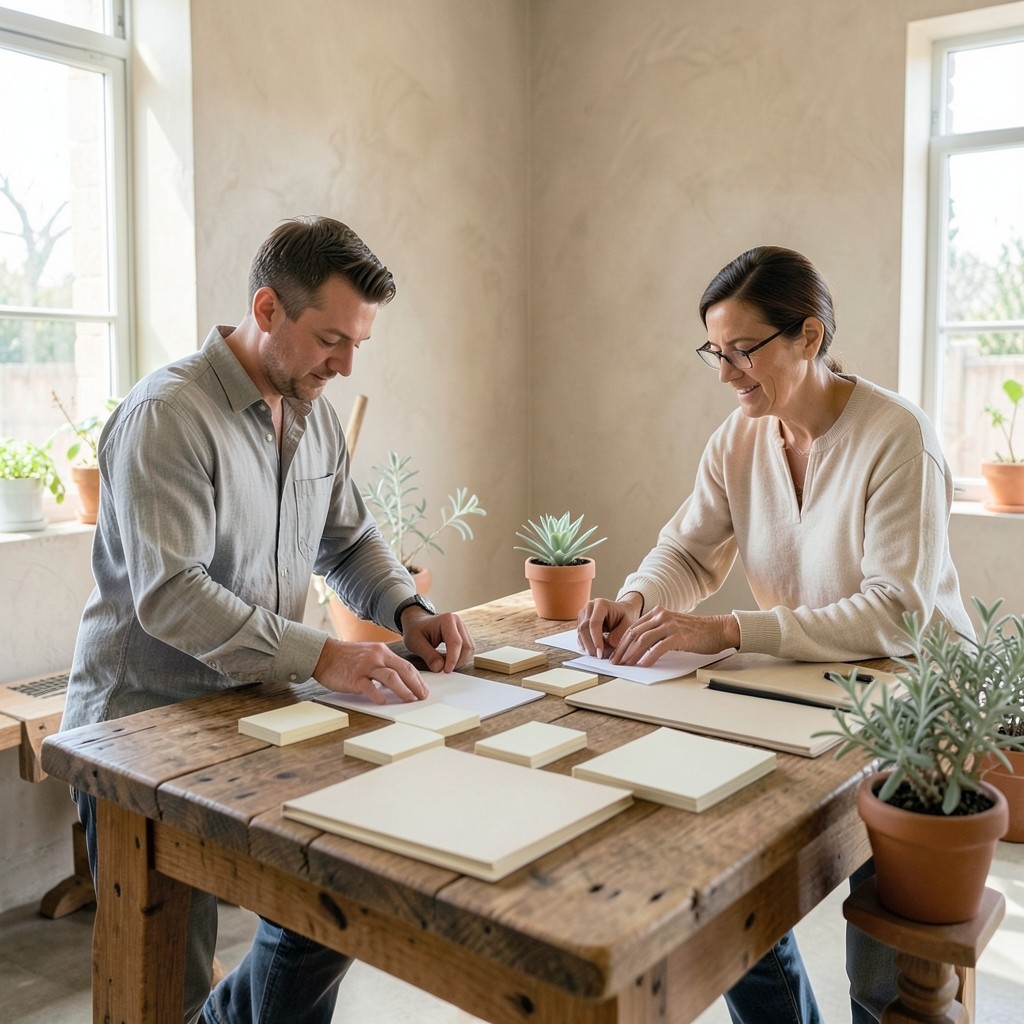 Two Tool Heathpath facilitators preparing workshop materials in a studio workspace