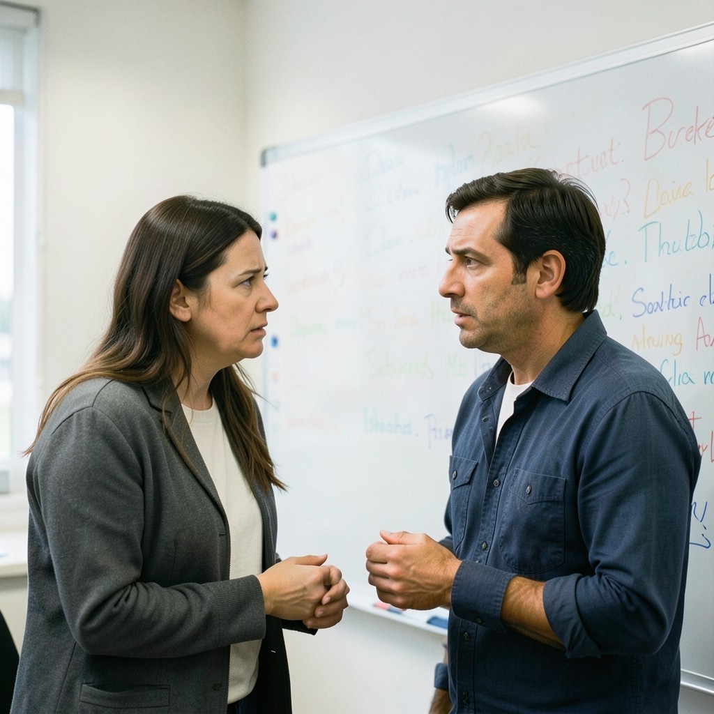 Two colleagues speaking quietly beside a whiteboard with handwritten notes