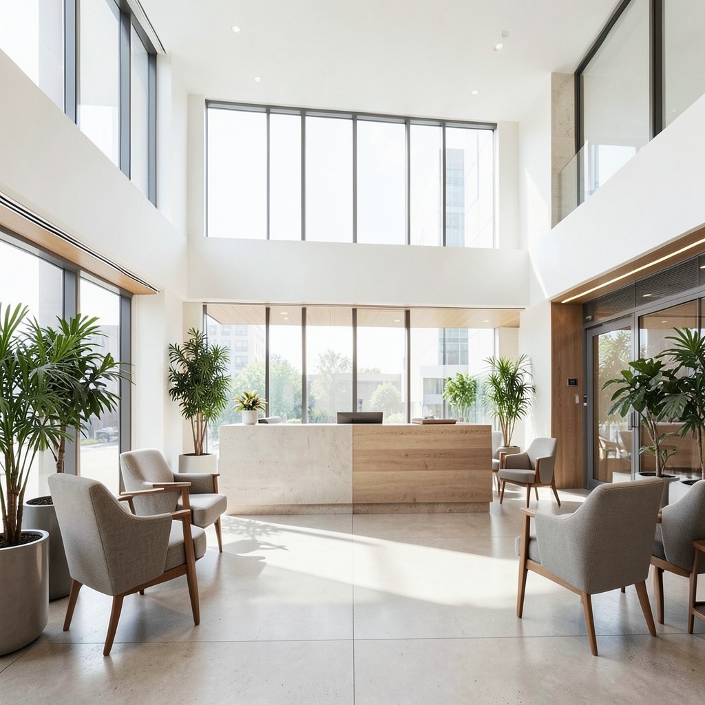 Reception desk in a bright South African office lobby with visitor seating