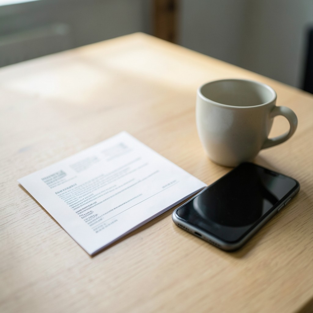 Close view of a printed payment instruction and a phone on an office desk