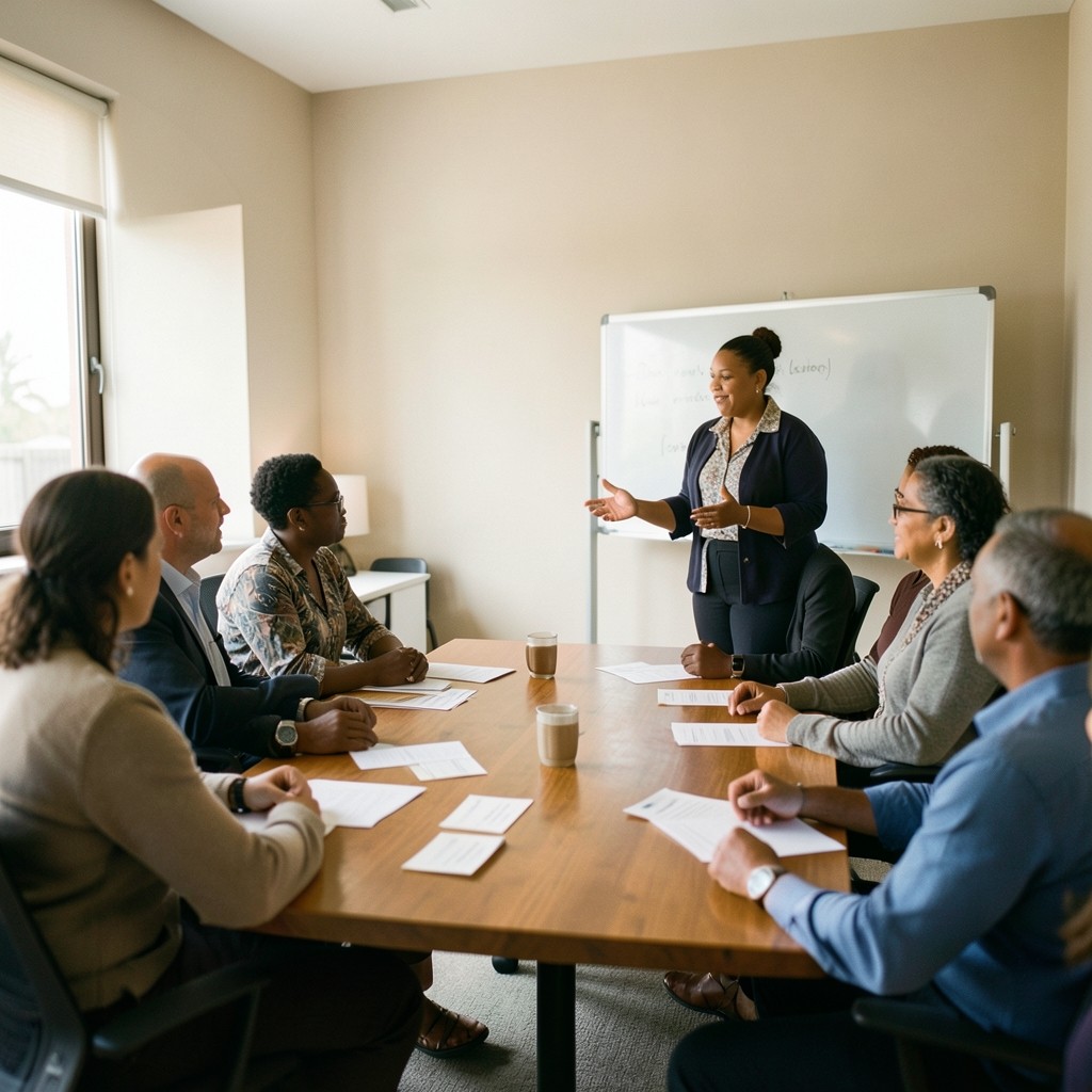 Facilitator leading a social engineering resilience workshop discussion in a bright meeting room
