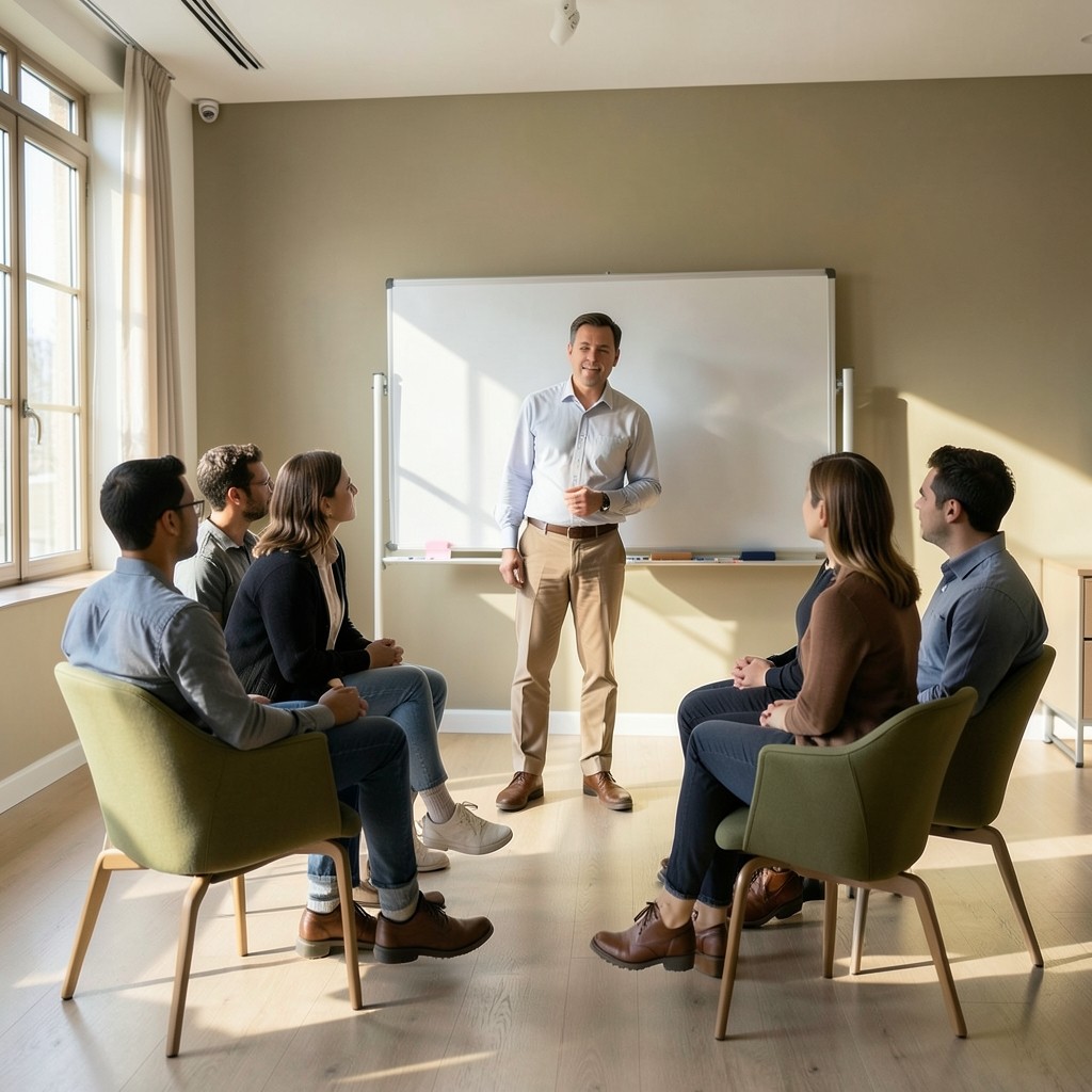 Facilitator presenting a social engineering briefing to a small office group